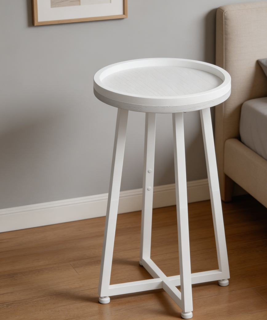 White 2-Tier Round Side Table with Storage Basket